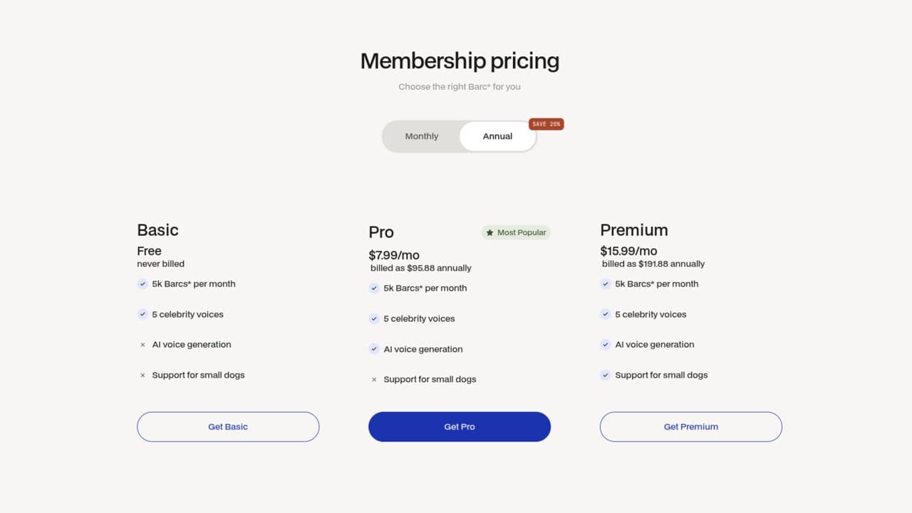 Pricing: three tiers with the middle plan visually promoted, plus a monthly / annual toggle.