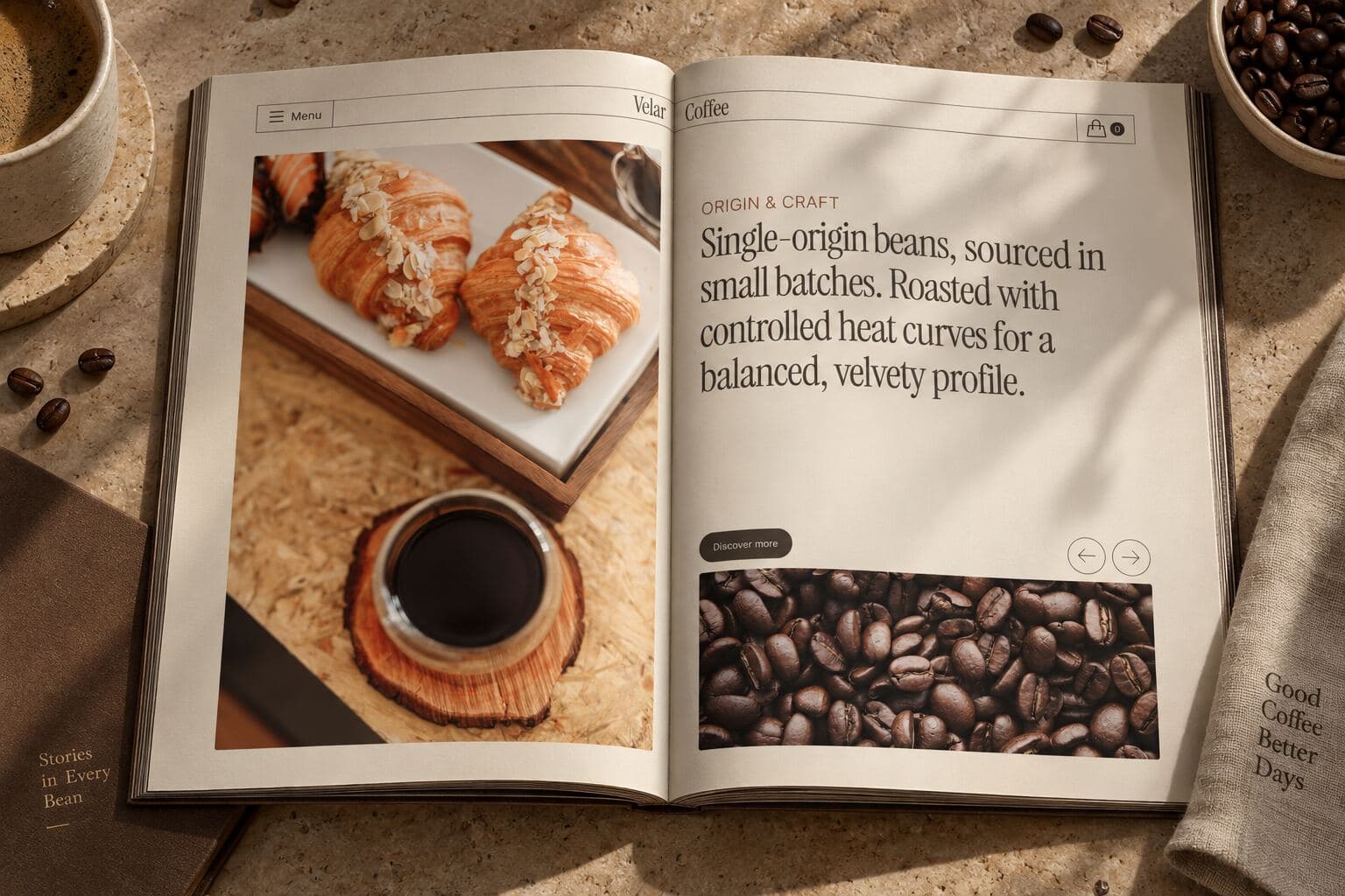 The Velar Coffee homepage printed as an open magazine spread: pastry photography beside an origin and craft story