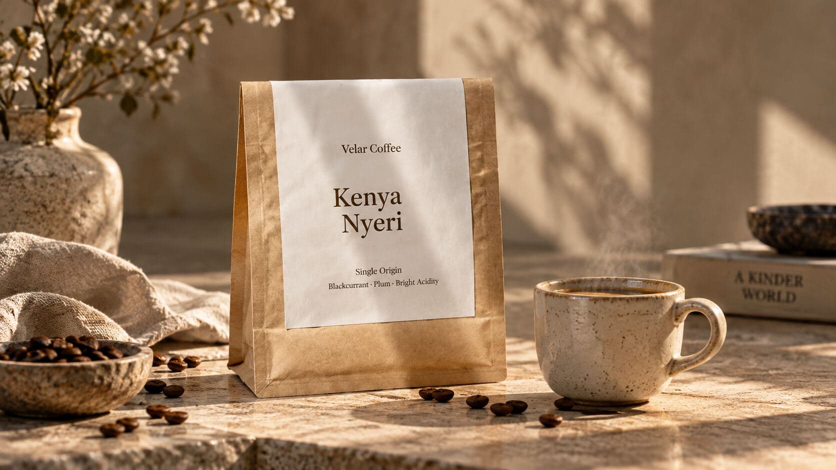 A Velar Coffee Kenya Nyeri bag beside a cup of coffee in warm morning light