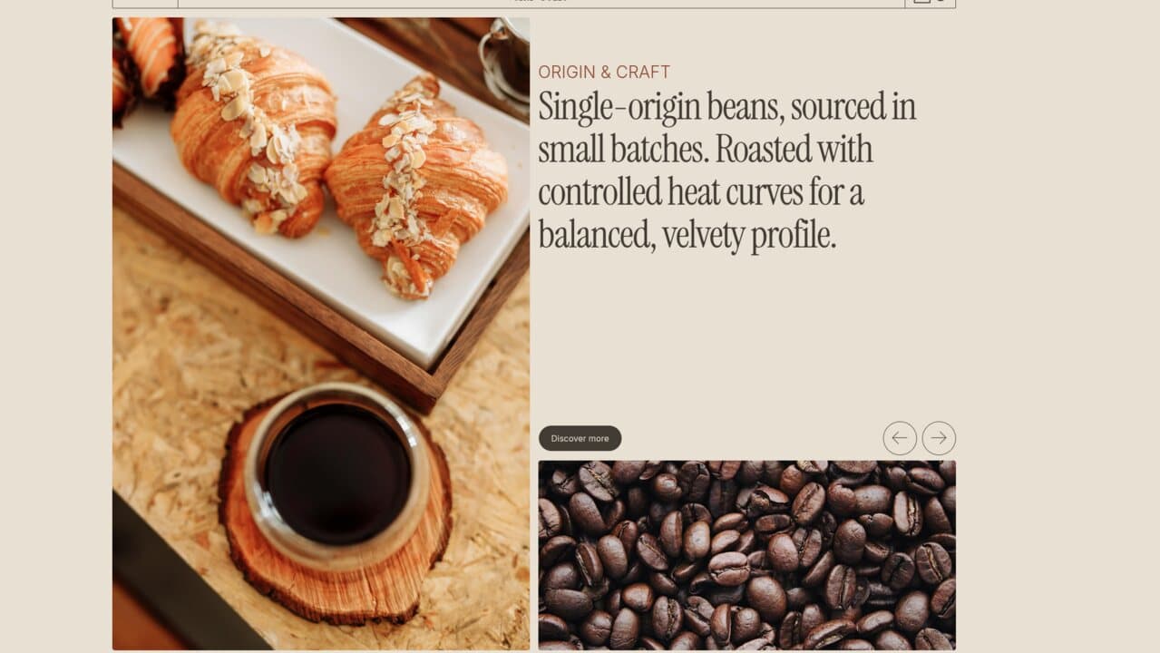 Homepage: an editorial split hero pairing lifestyle photography with a large serif headline, over a rotating photo carousel.