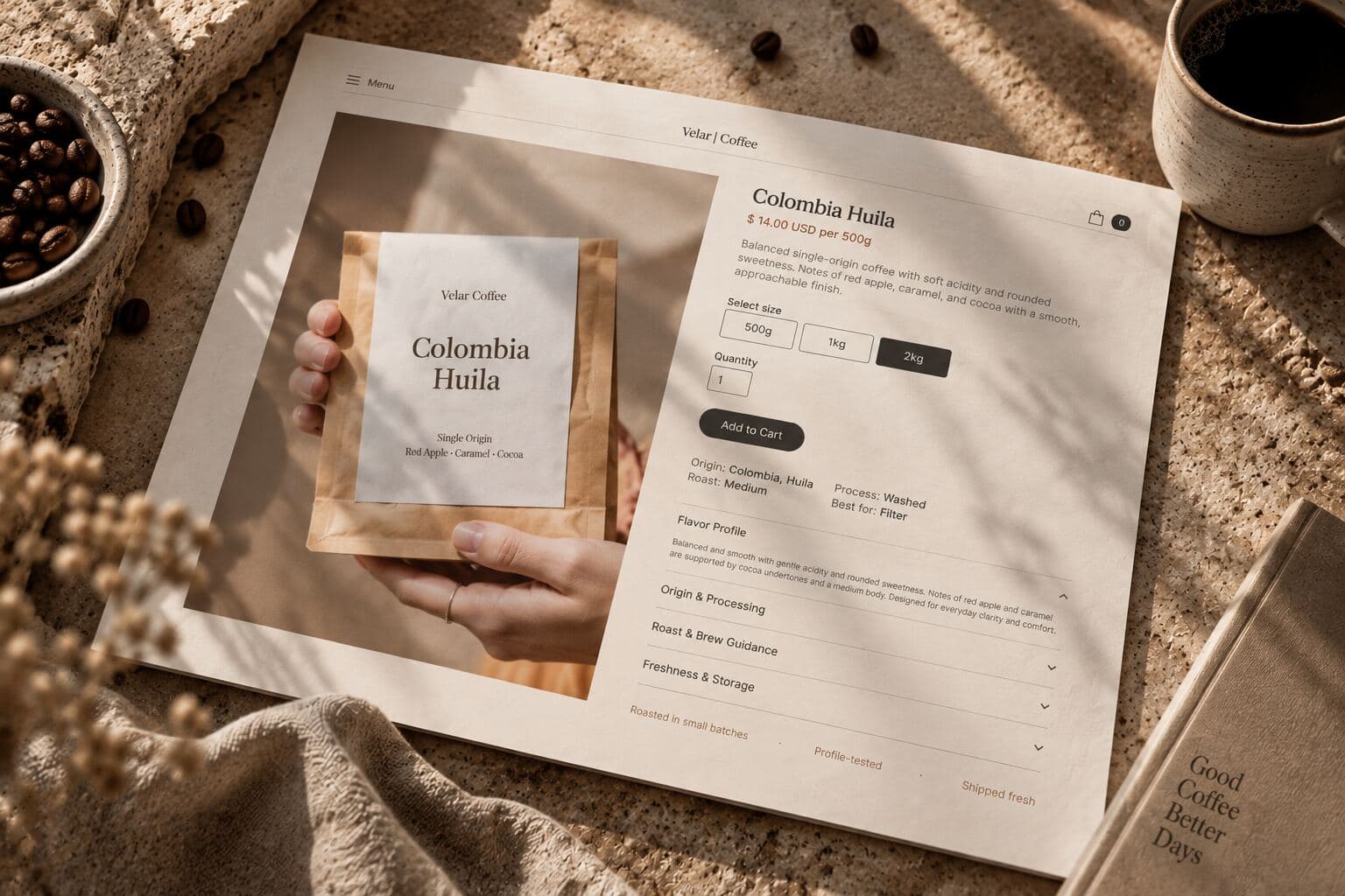 Colombia Huila on the same product template, with its own price, notes, roast and process