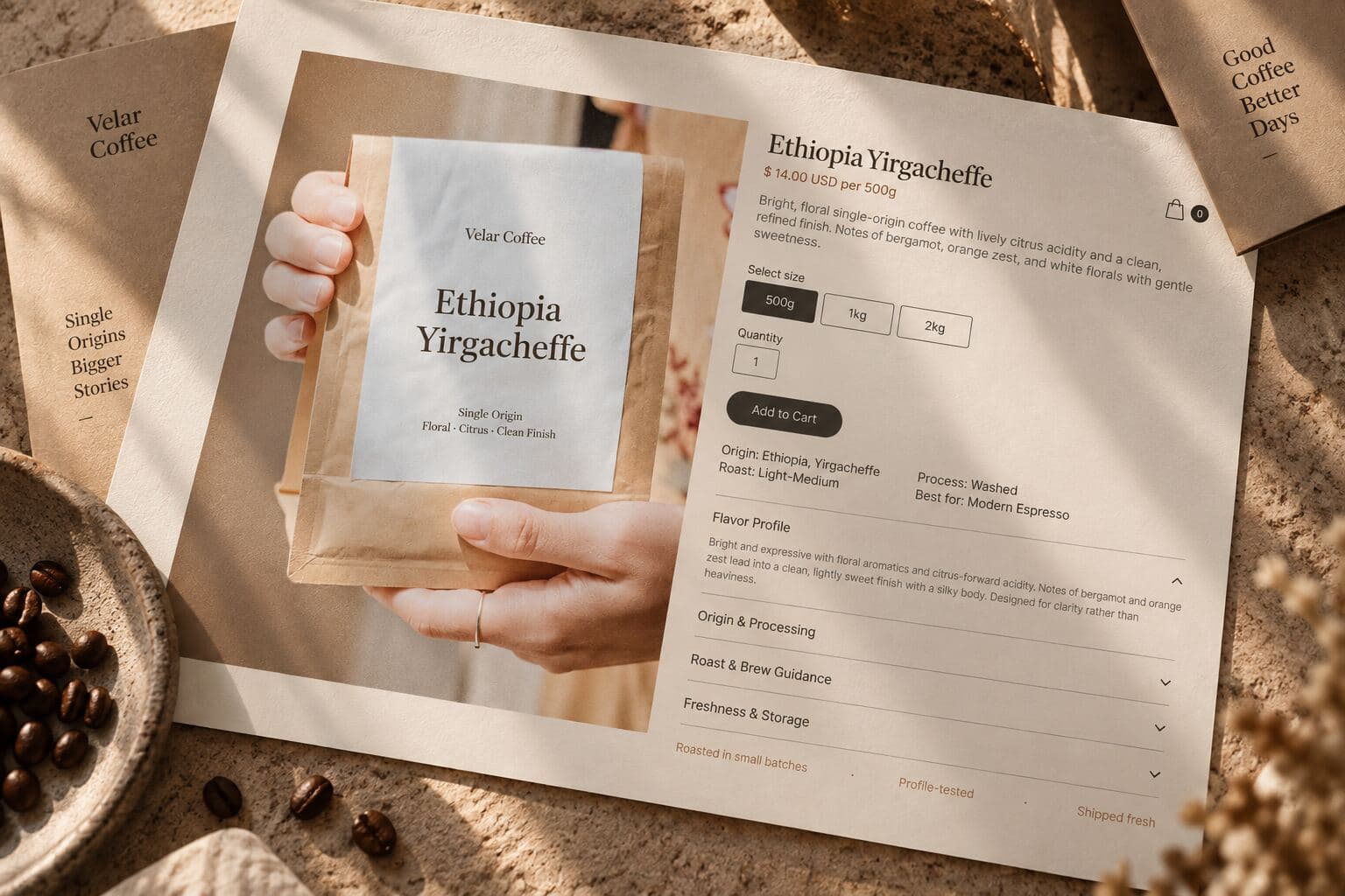 Ethiopia Yirgacheffe product page: bag photo, size and quantity pickers, origin and roast fields, and an open Flavor Profile accordion