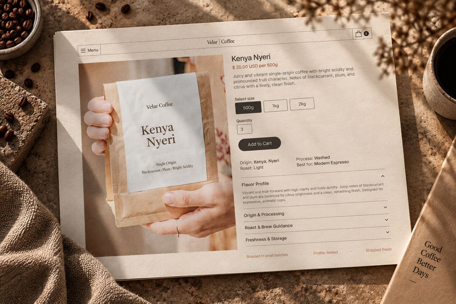 Kenya Nyeri product page: bag photo, size and quantity pickers, origin fields and a Flavor Profile accordion