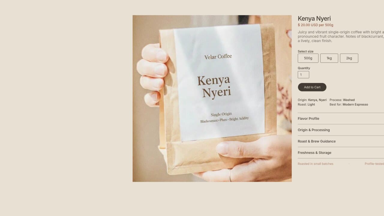 Product page: real bag photography with size variants and CMS fields for tasting notes, origin, process, and brew guidance.