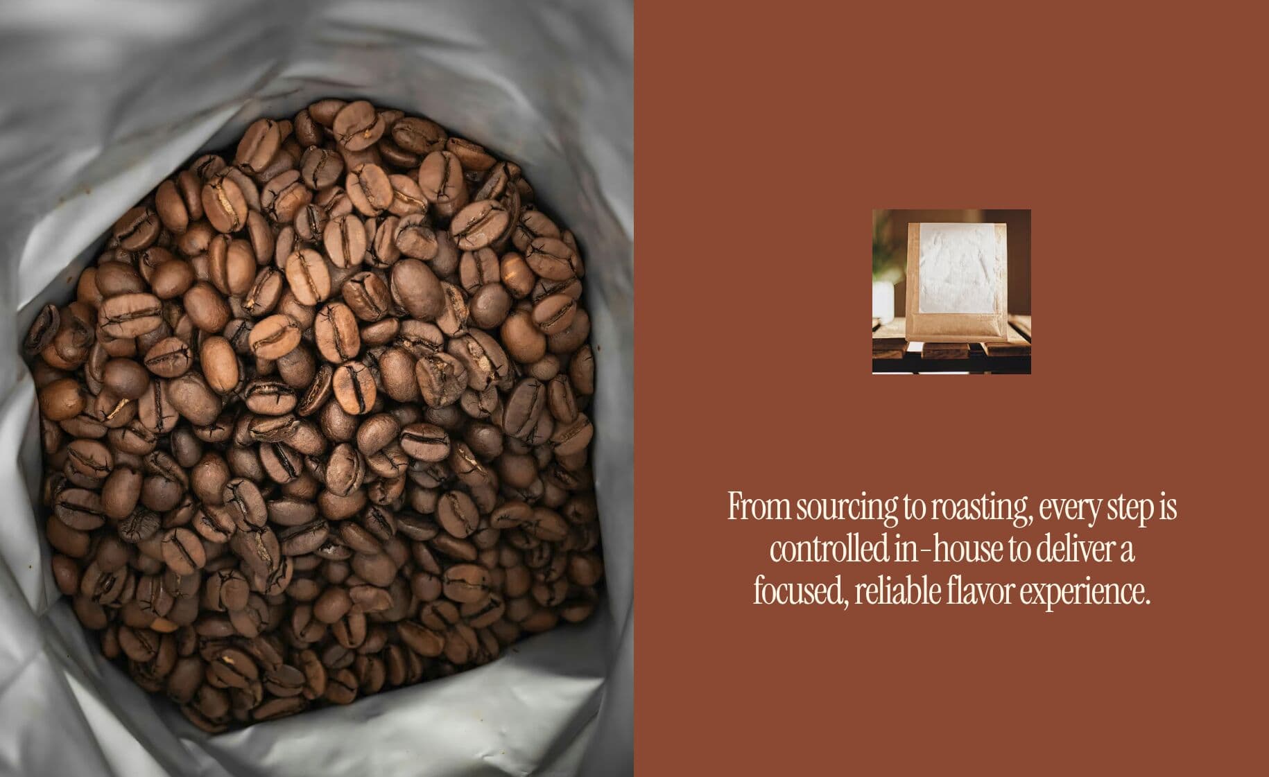 Split section: an open bag of roasted beans beside a clay panel with serif copy on sourcing and roasting in-house