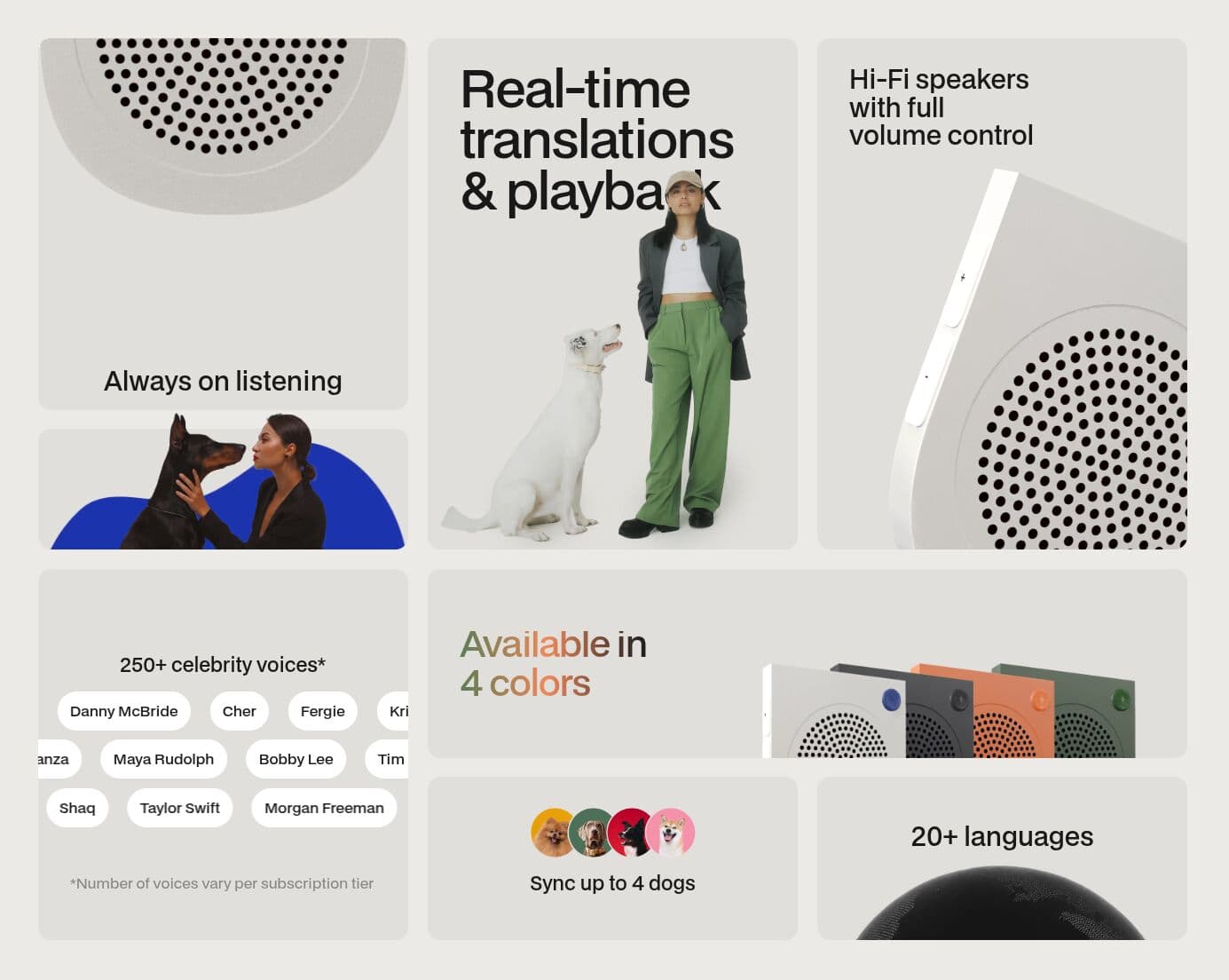 Bento grid of feature tiles: always-on listening, real-time translations, celebrity voices and four colourways