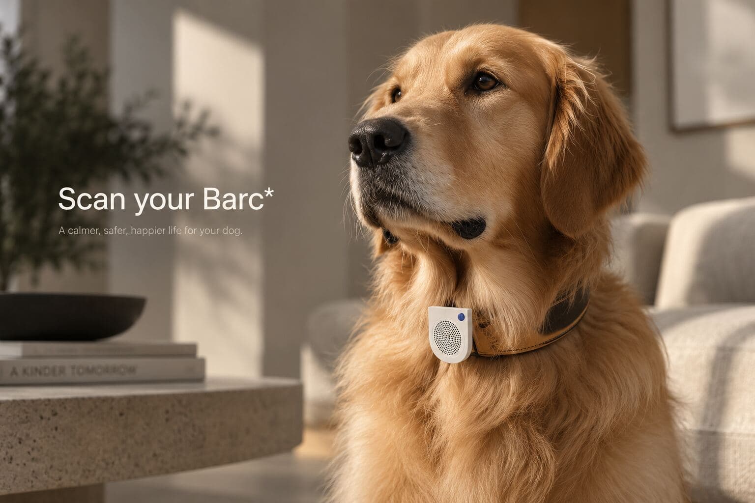 Barc* hero: "Scan your Barc*" beside a golden retriever wearing the collar device