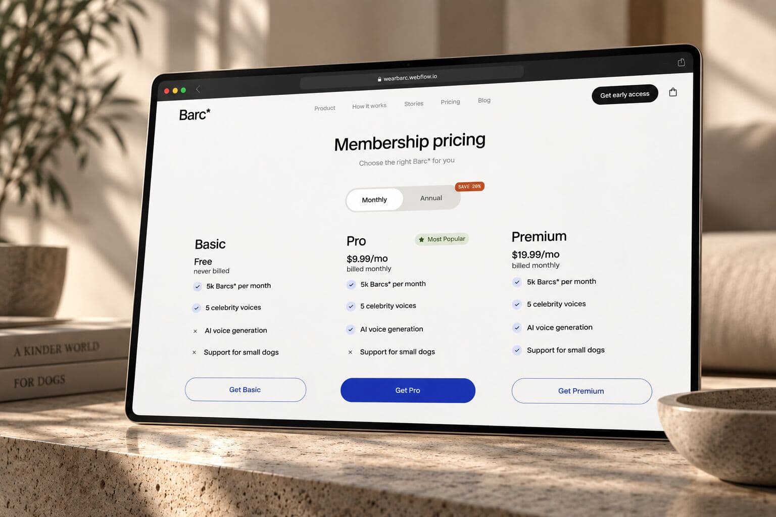 Pricing section on a tablet: three tiers, a monthly / annual toggle and the Pro plan promoted