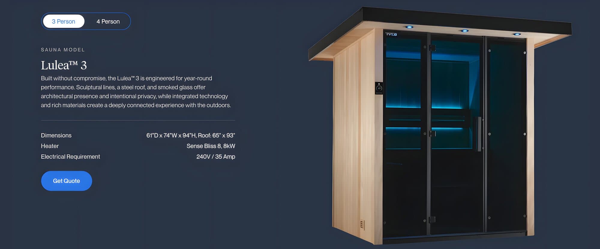 Sauna template showing the Lulea 3 model and its specs