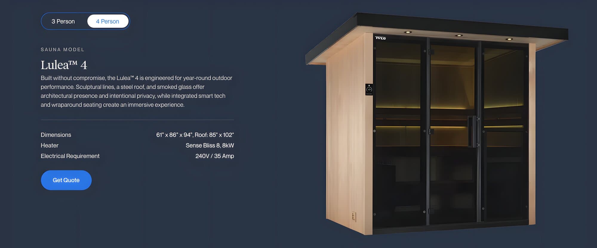 Sauna configurator set to 4 person, showing the Lulea 4